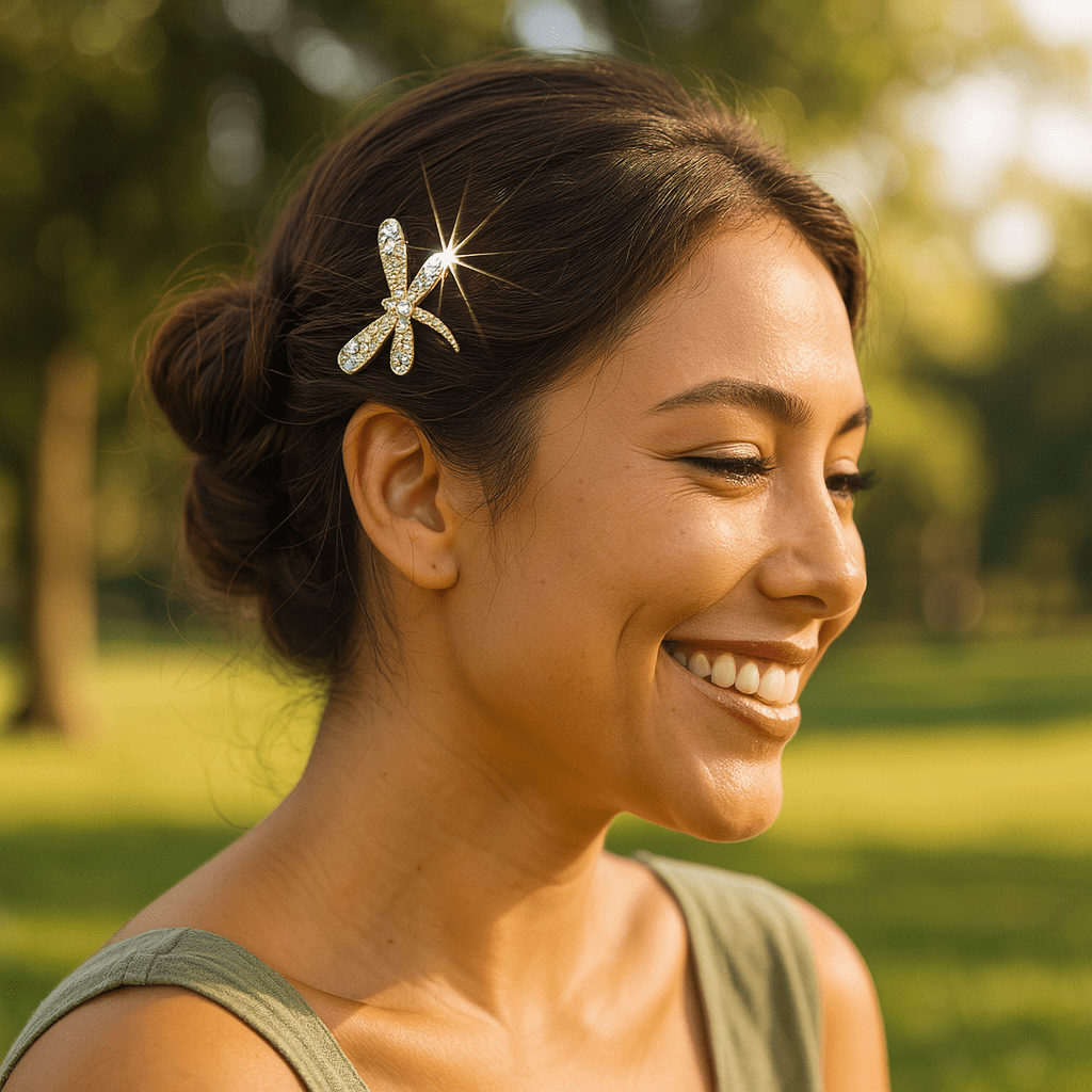Model wearing Haerime Aeris Wing Clip in amber – elegant everyday style