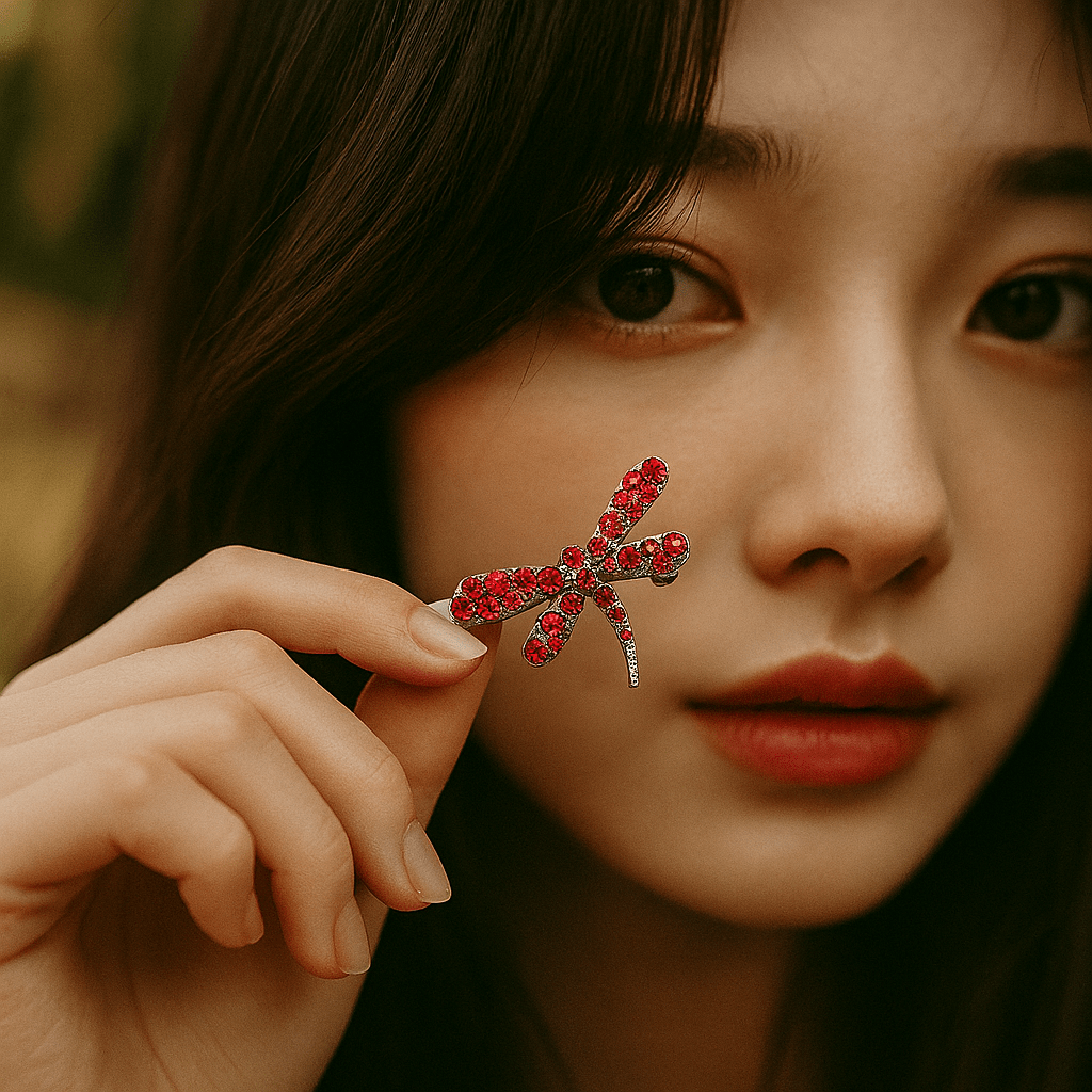Red Haerime Aeris Wing Clip worn by model – standout romantic styling