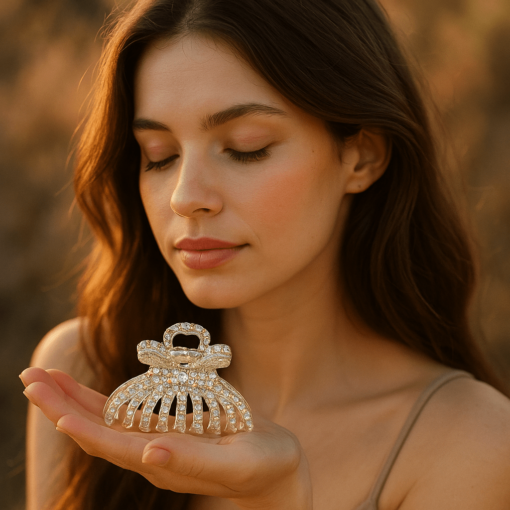 Haerime Aurefan Arc Claw in clear worn by model – romantic and clean styling