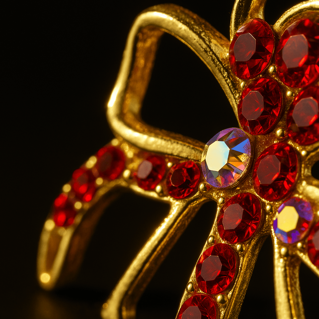 Close-up of red rhinestones on Aurefan Arc Claw – crystal fan silhouette