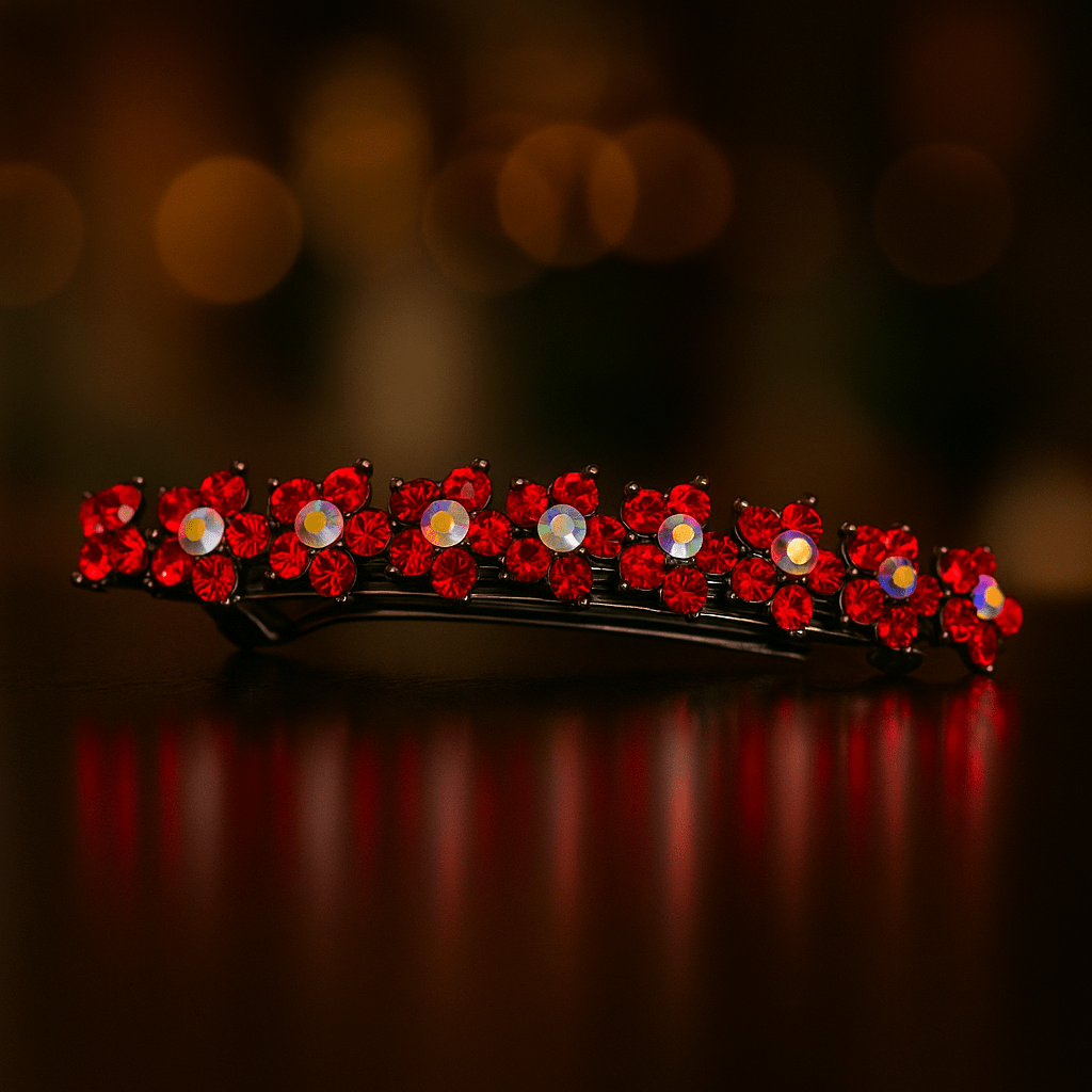 Haerime Aureflor Arc Barrette in Red macro shot – layered rhinestones and floral arc structure with high-shine effect