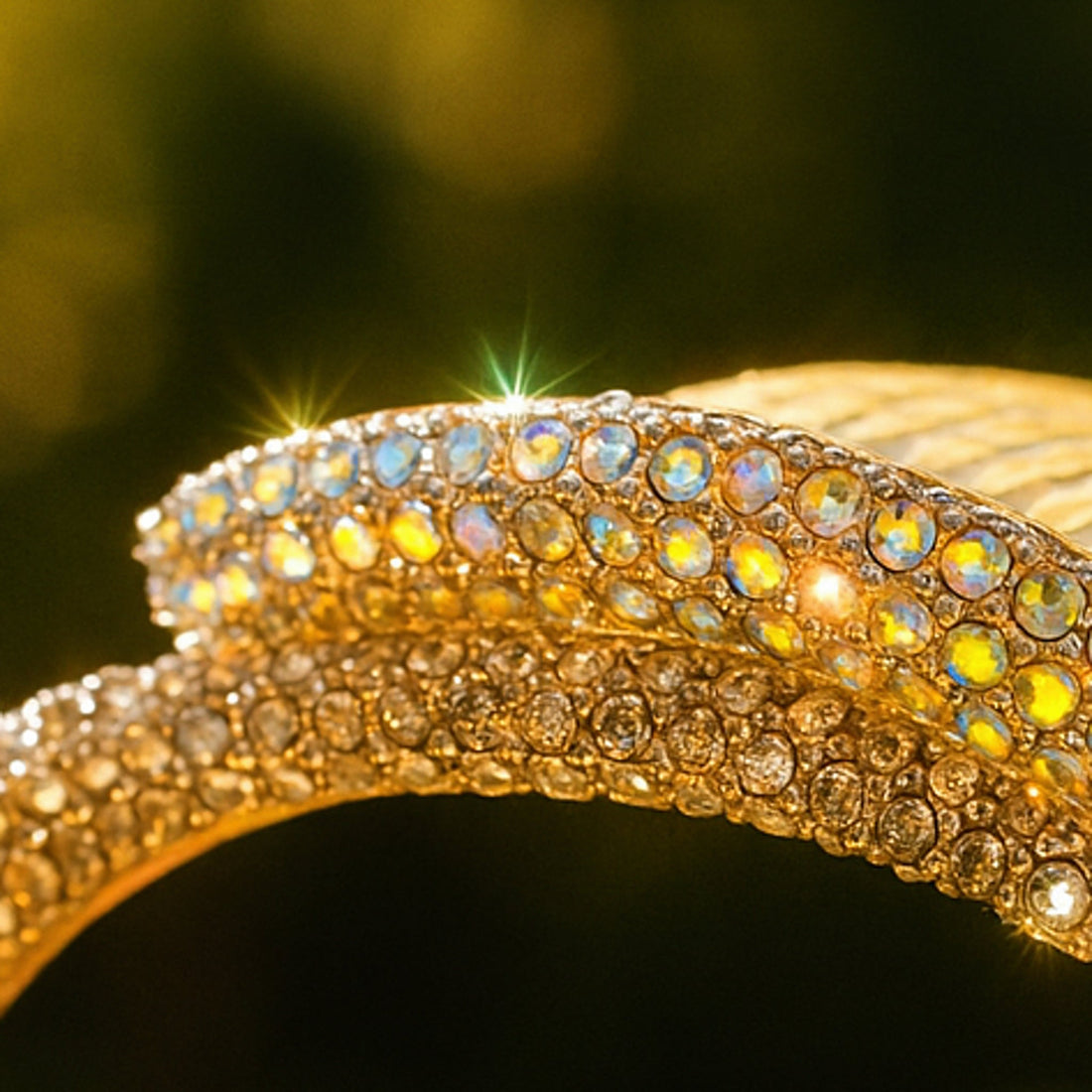 Close-up of pavé crystals on Haerime Aurelya Dual Arc Comb in Amber – sparkling layered arcs
