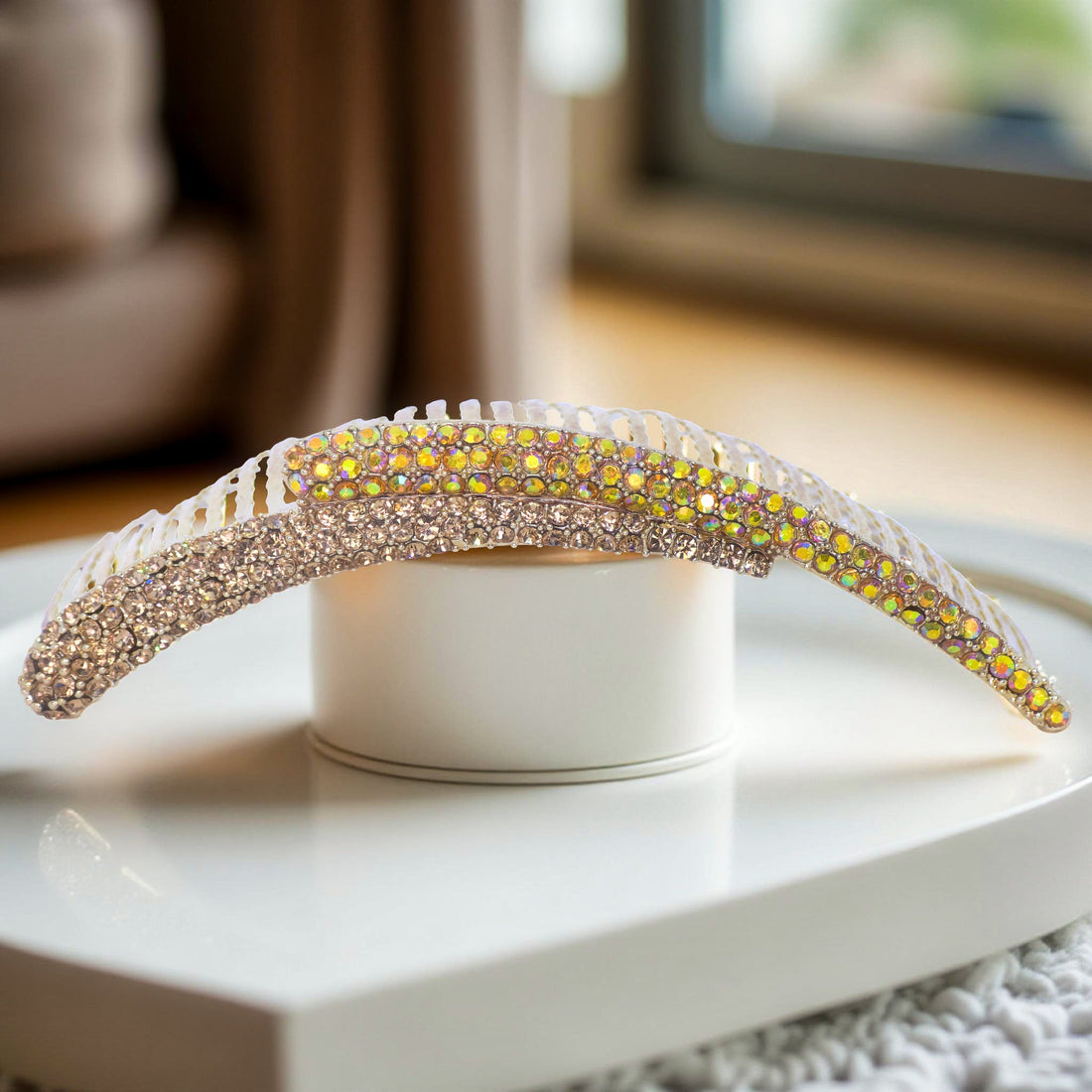 Haerime Aurelya Dual Arc Comb in Amber showing curved pavé design and dual arc silhouette