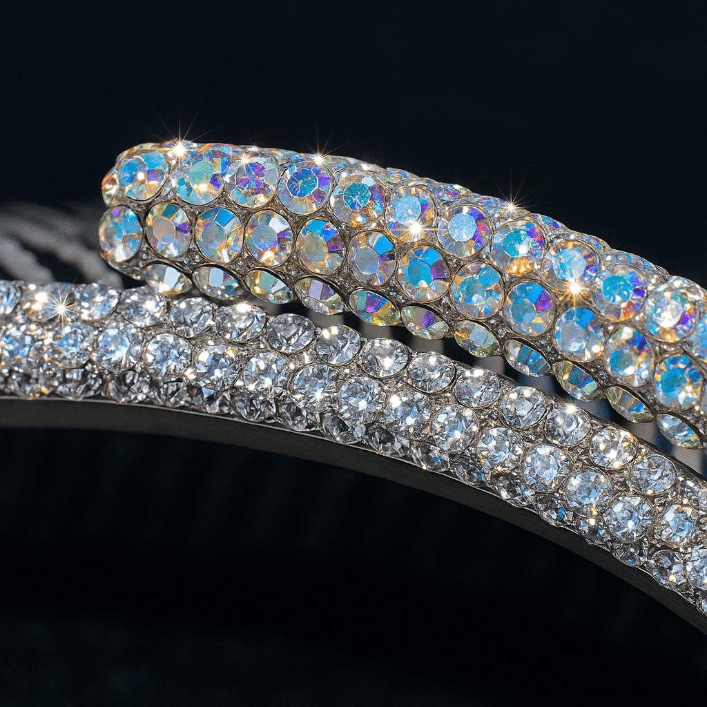 Close-up of pavé crystals on Haerime Aurelya Dual Arc Comb in Clear – sparkling layered arcs