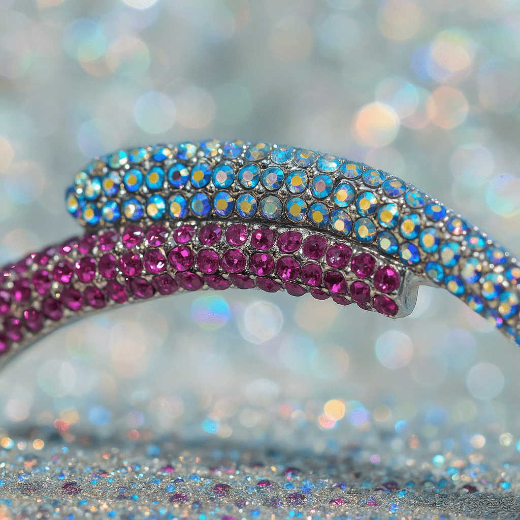 Close-up of pavé crystals on Haerime Aurelya Dual Arc Comb in Dark Purple – sparkling layered arcs