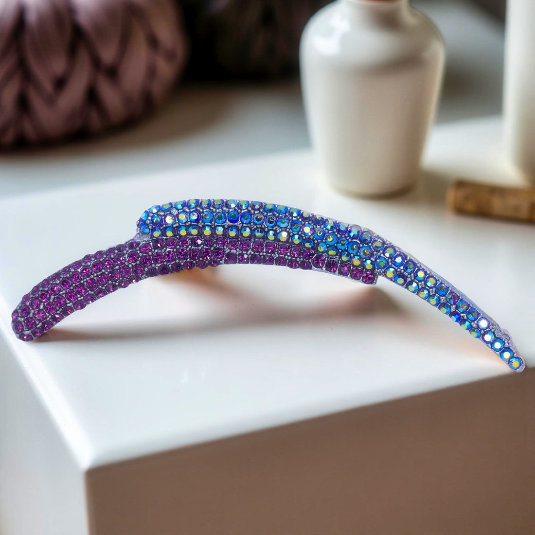 Haerime Aurelya Dual Arc Comb in Dark Purple showing curved pavé design and dual arc silhouette