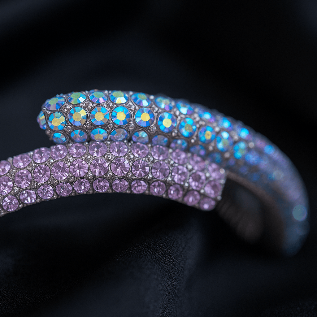 Close-up of pavé crystals on Haerime Aurelya Dual Arc Comb in Purple – sparkling layered arcs