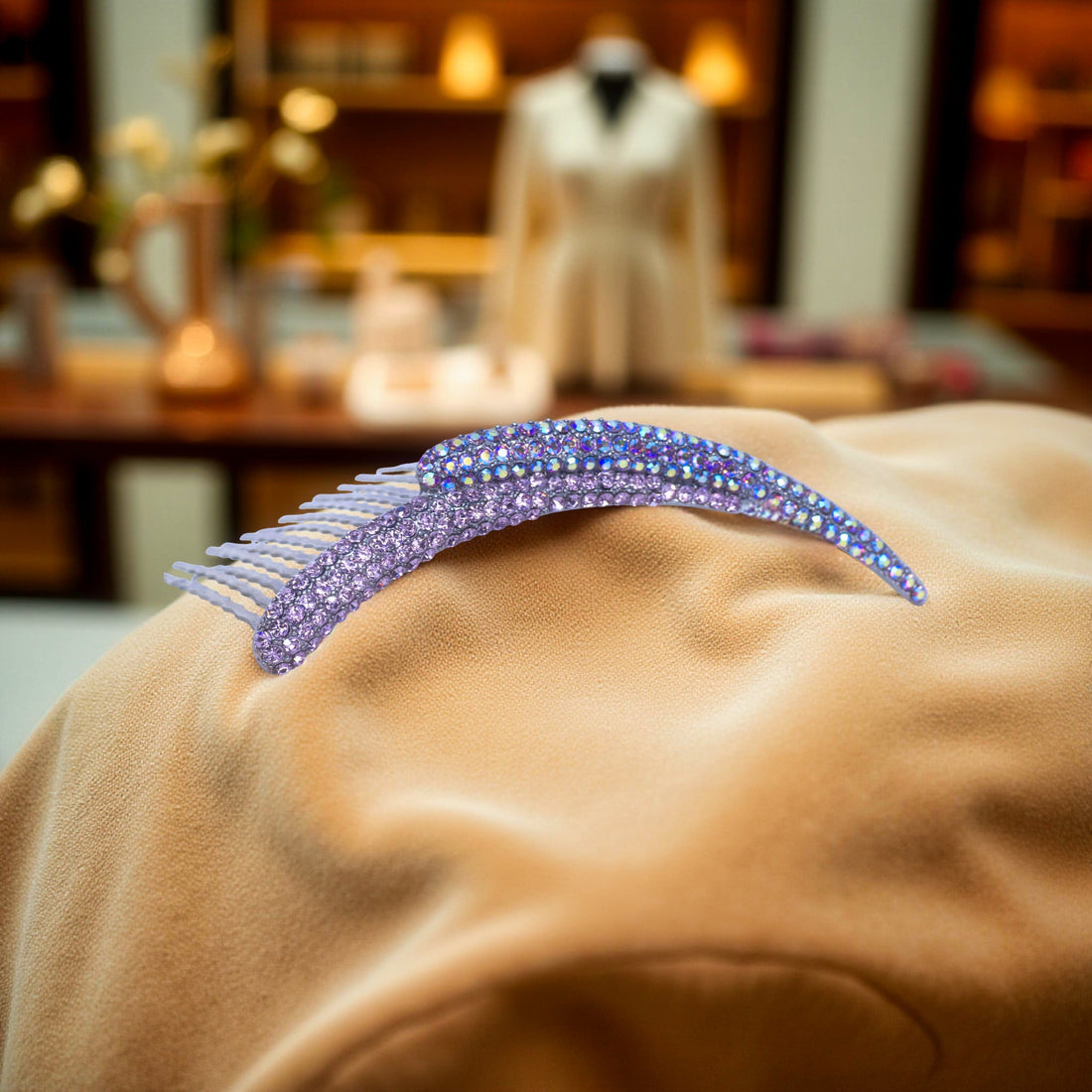 Haerime Aurelya Dual Arc Comb in Purple showing curved pavé design and dual arc silhouette