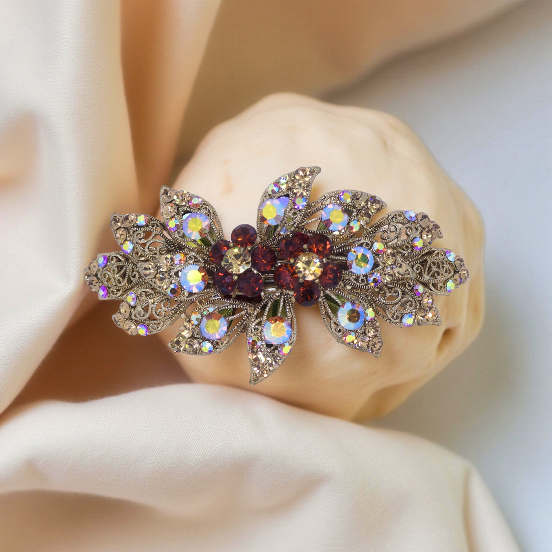 Amber version of Haerime Aurora Filigree Barrette – cosmic sparkle meets vintage elegance