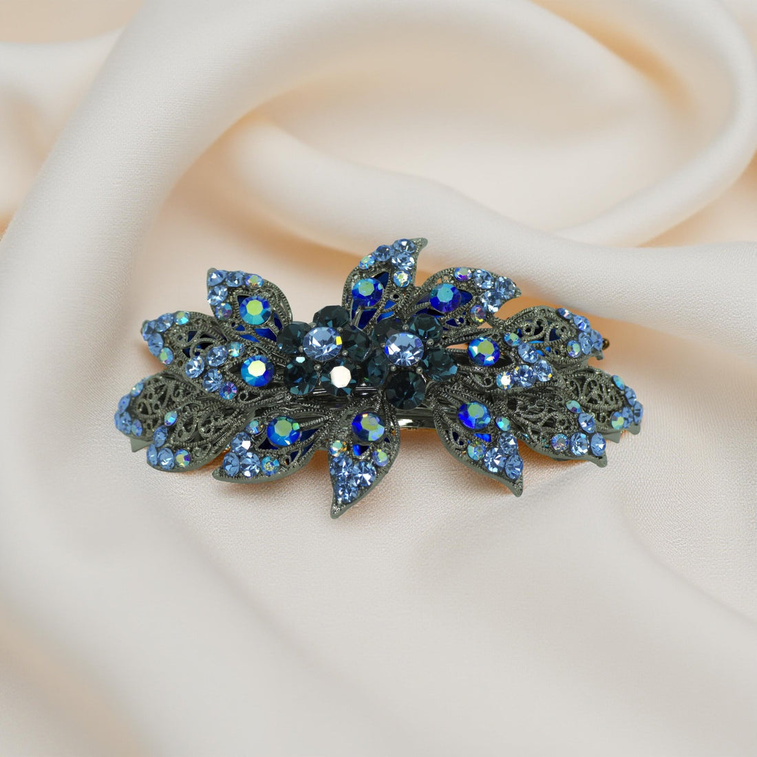 Blue version of Haerime Aurora Filigree Barrette – cosmic sparkle meets vintage elegance