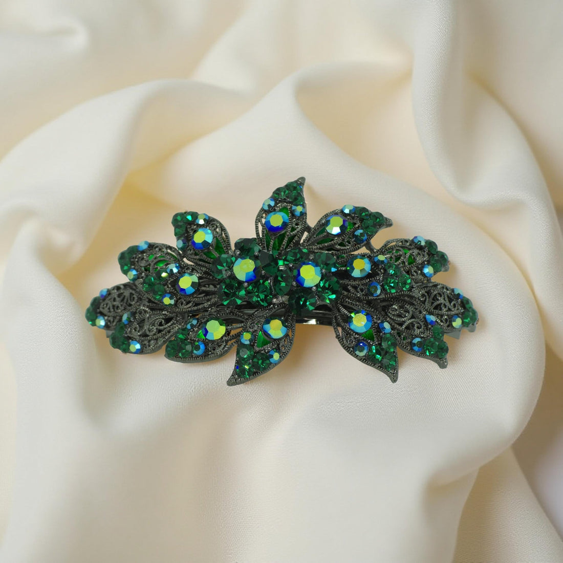 Green version of Haerime Aurora Filigree Barrette – cosmic sparkle meets vintage elegance