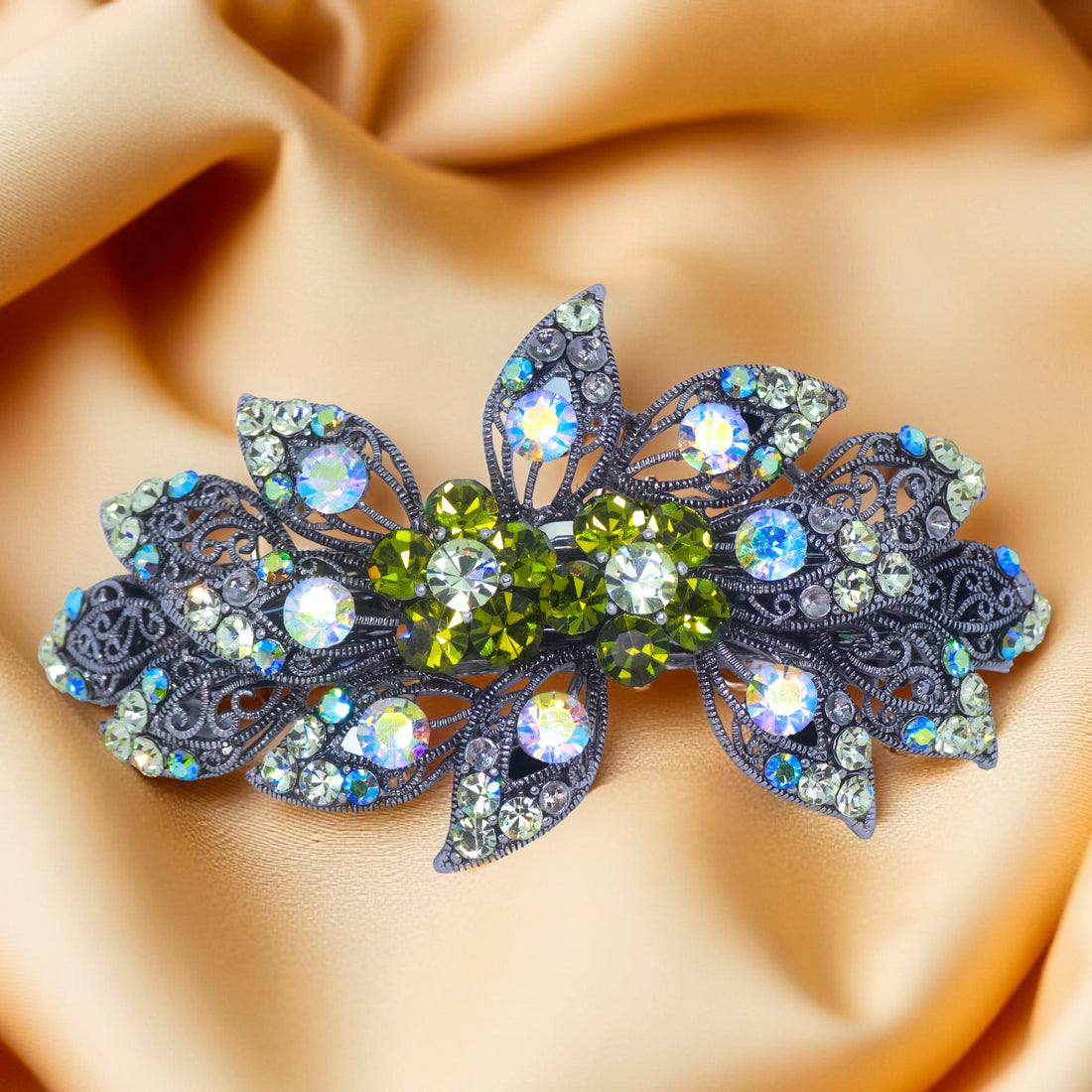 Haerime Aurora Filigree Barrette in Olive showing antique lace petal detail and clustered Austrian crystals