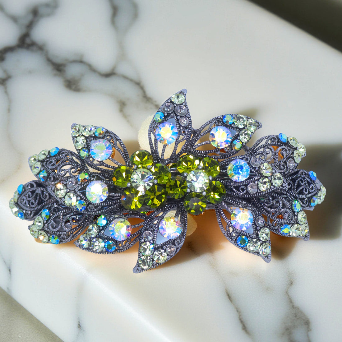 Olive version of Haerime Aurora Filigree Barrette – cosmic sparkle meets vintage elegance