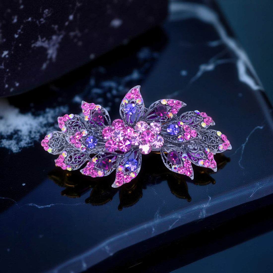 Pink version of Haerime Aurora Filigree Barrette – cosmic sparkle meets vintage elegance