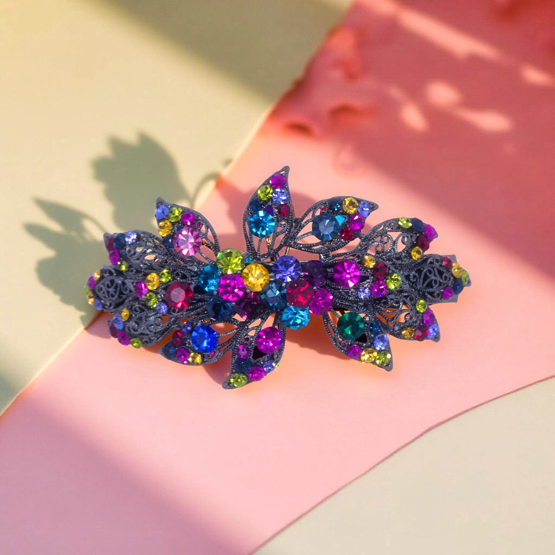 Haerime Aurora Filigree Barrette in Rainbow showing antique lace petal detail and clustered Austrian crystals