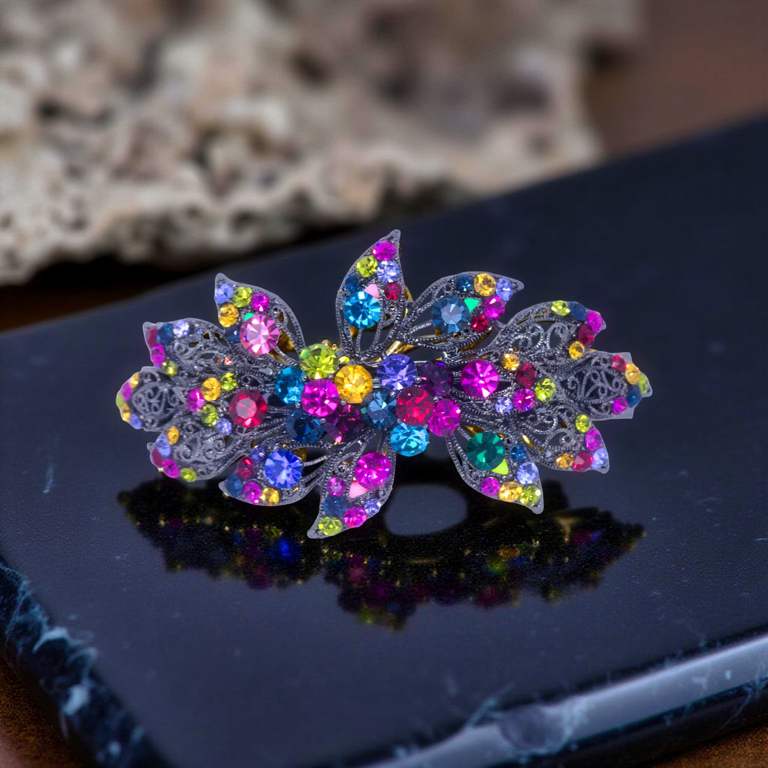 Rainbow version of Haerime Aurora Filigree Barrette – cosmic sparkle meets vintage elegance