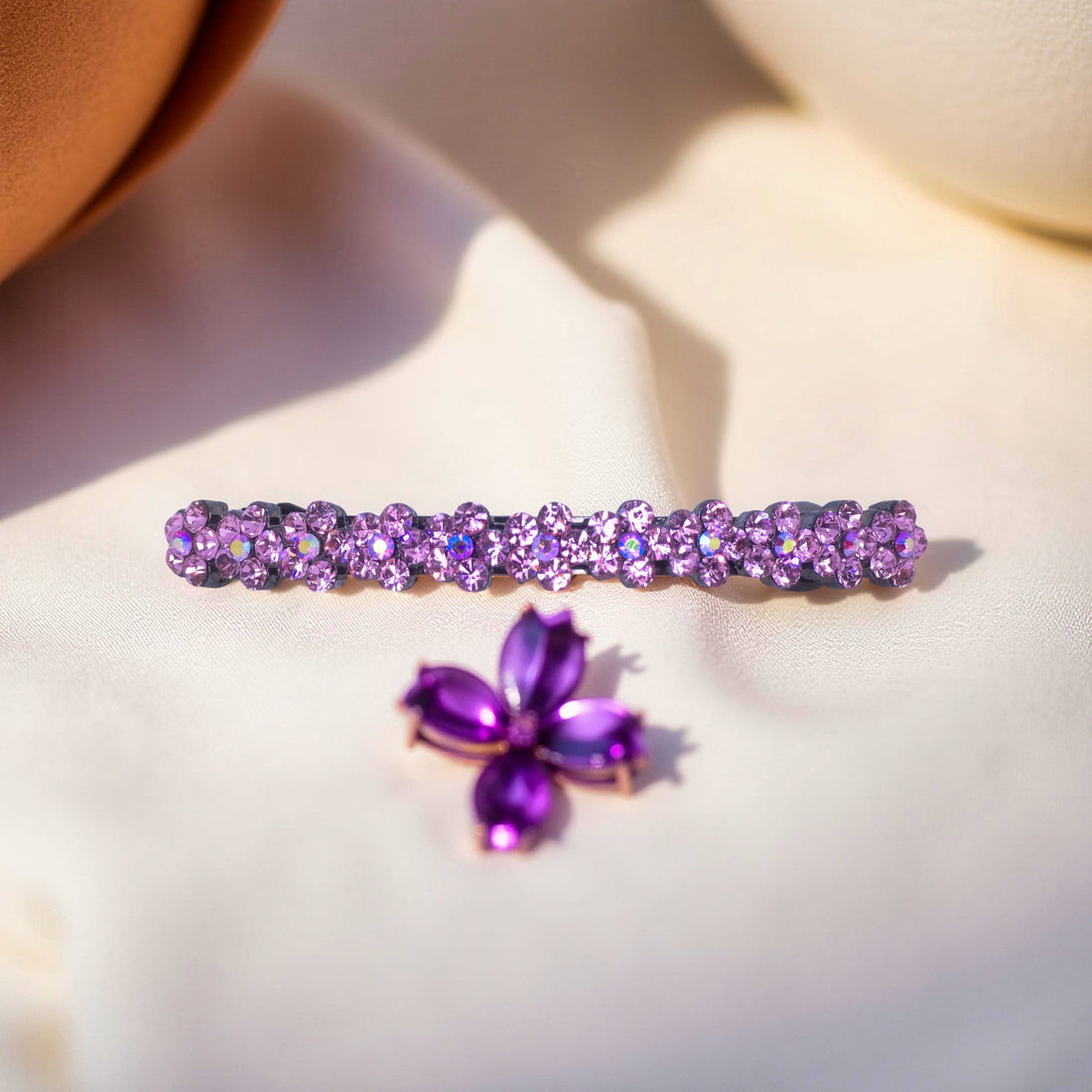 Haerime Blosselina Row Barrette in Pink close-up – hand-set mini crystal flower clusters