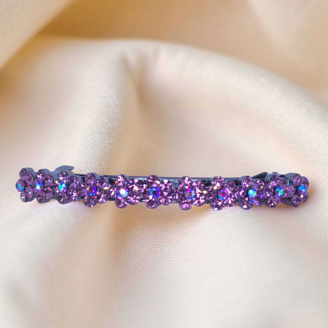 Haerime Blosselina Row Barrette in Purple close-up – hand-set mini crystal flower clustersBlack version of Haerime Aurora Filigree Barrette – cosmic sparkle meets vintage elegance