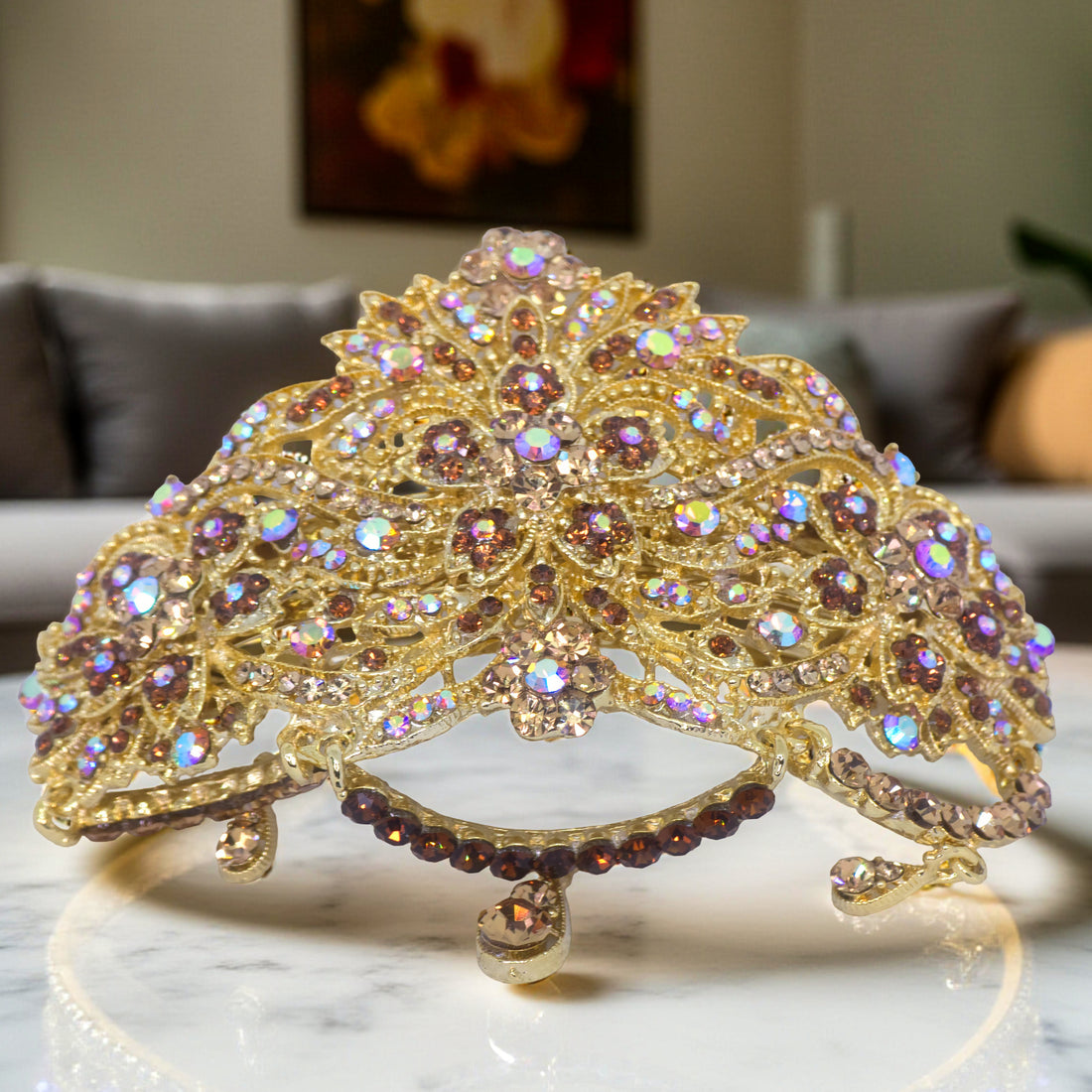 Haerime Celestara Bloom Clip in Amber close-up – hand-set AB crystals and floral lattice design
