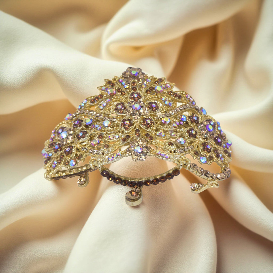 Amber version of Haerime Celestara Bloom Clip – golden floral crystal claw