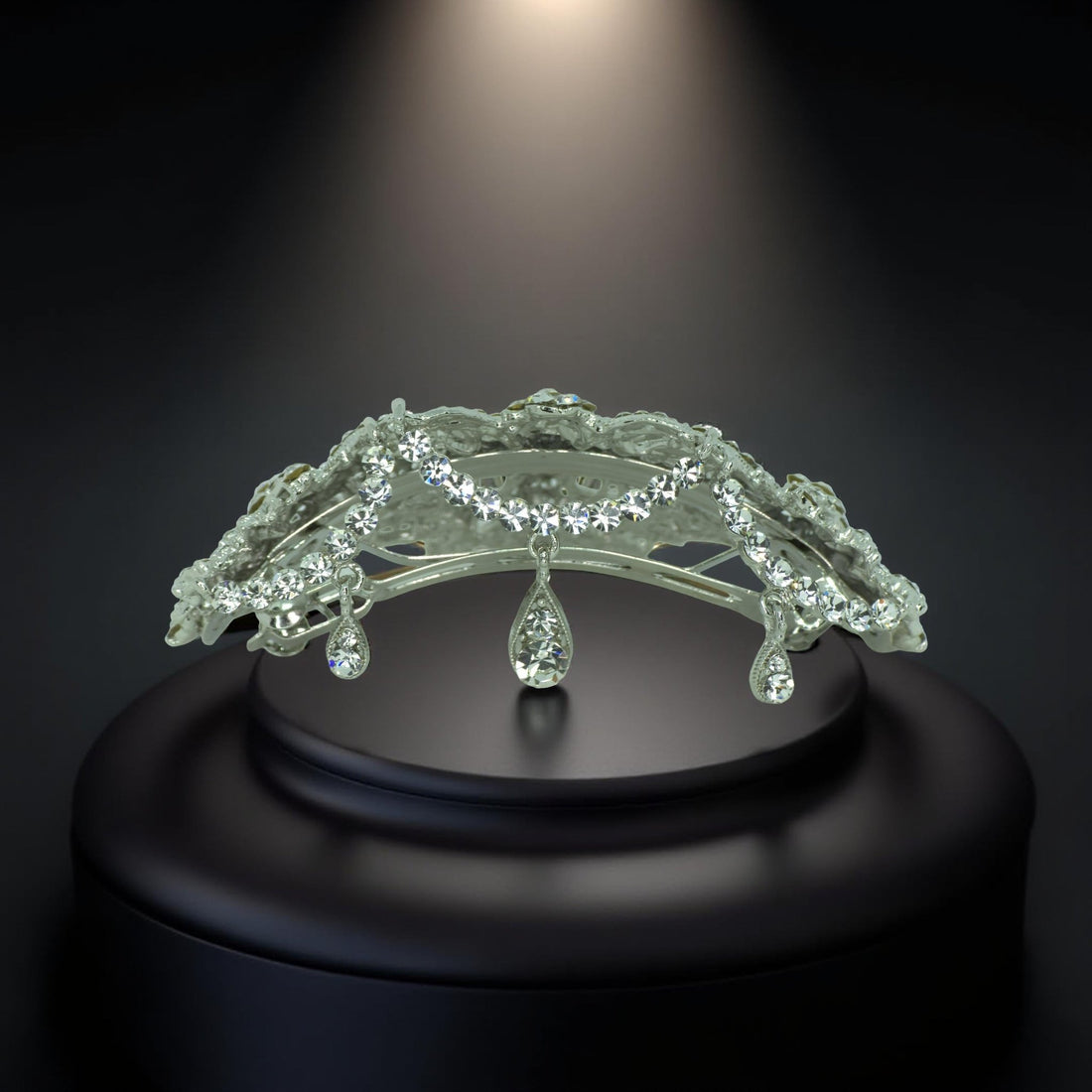 Bottom side view of Haerime Celestara Bloom Clip in Clear – showing ergonomic arc and crystal layering