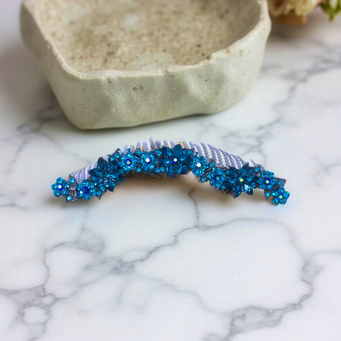 Blue Zircon version of Haerime Celestara Crown Comb – luminous scrollwork and blossoms