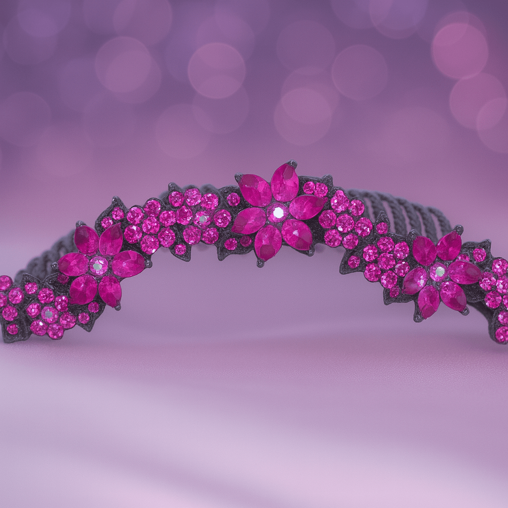 Haerime Celestara Crown Comb in Fuschia close-up – hand-set stones and antique comb finish
