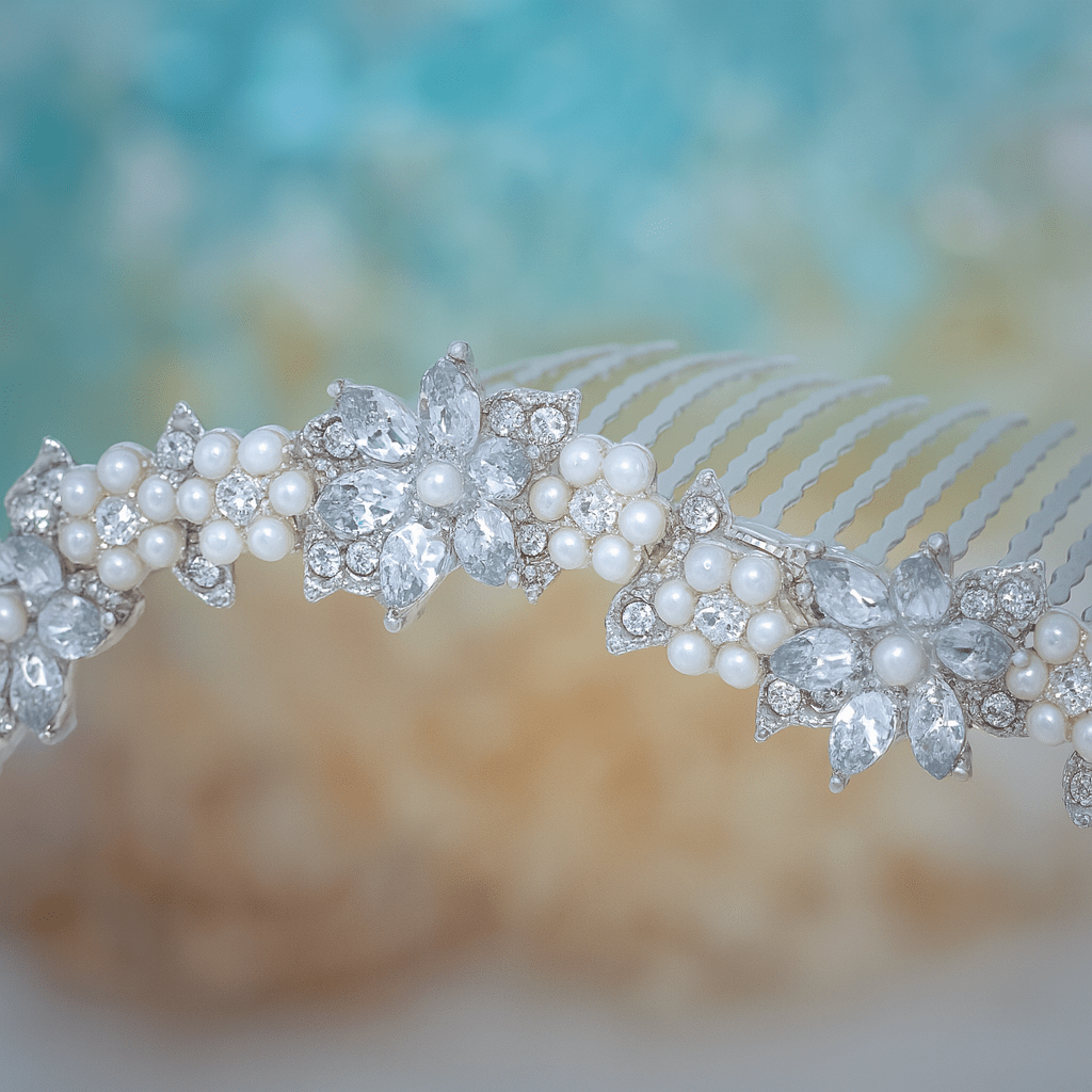 Haerime Celestara Crown Comb in Pearl close-up – hand-set stones and antique comb finish
