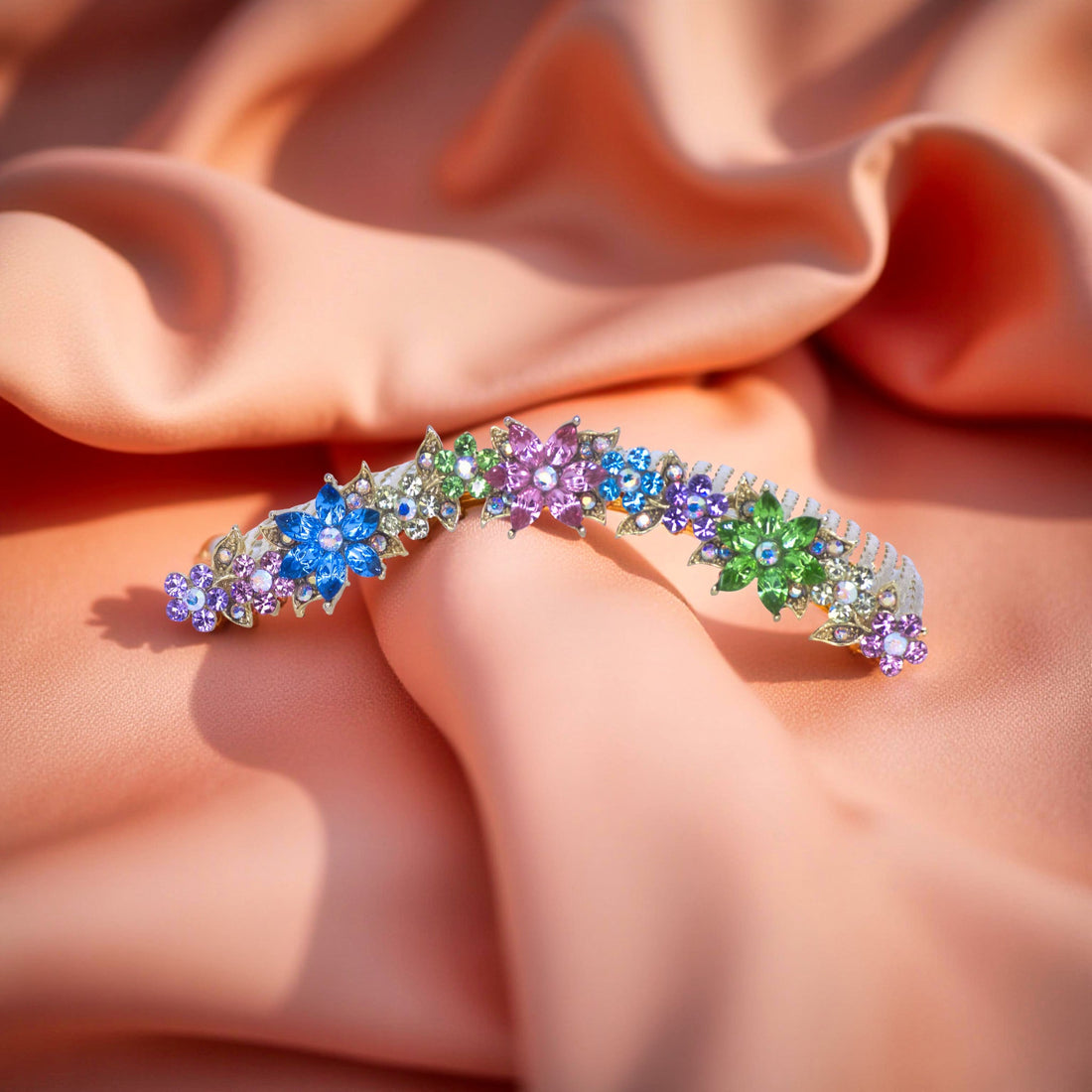 Rainbow version of Haerime Celestara Crown Comb – luminous scrollwork and blossoms