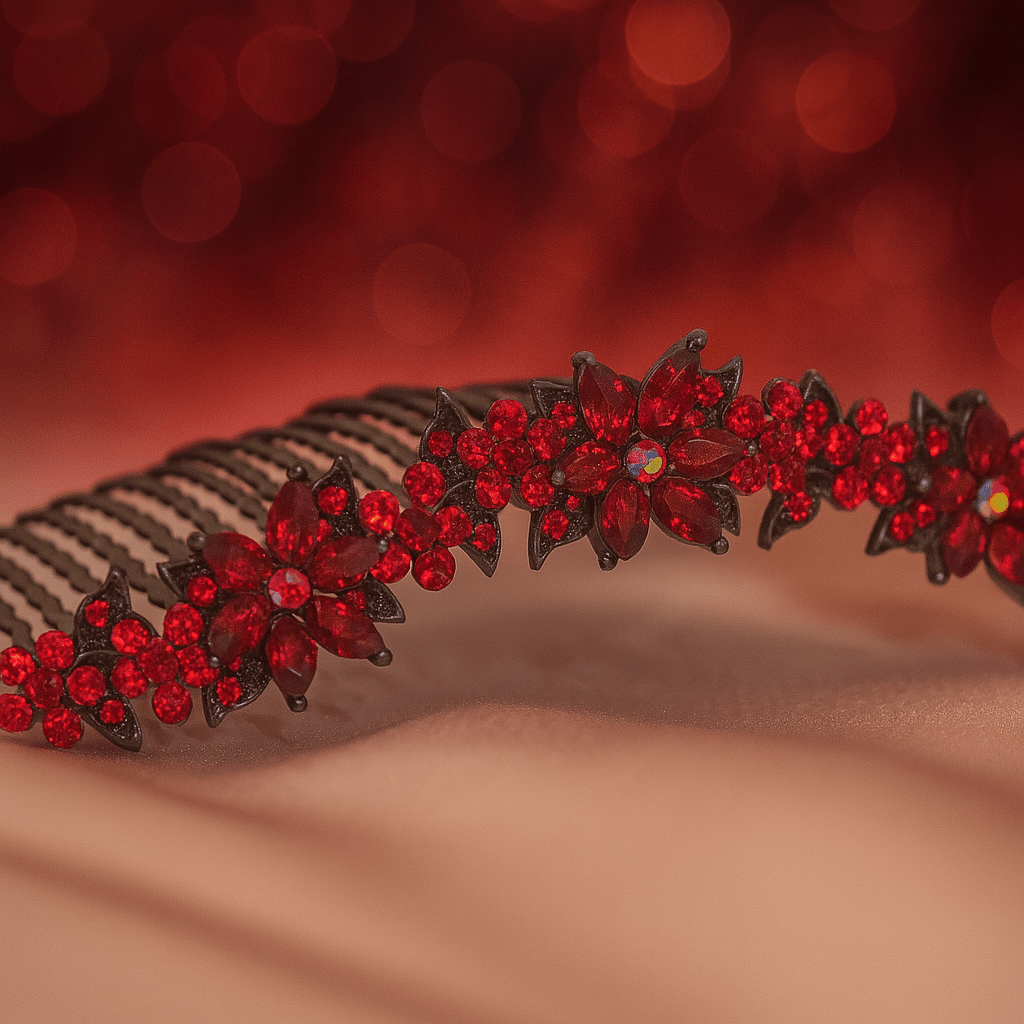 Haerime Celestara Crown Comb in Red close-up – hand-set stones and antique comb finish