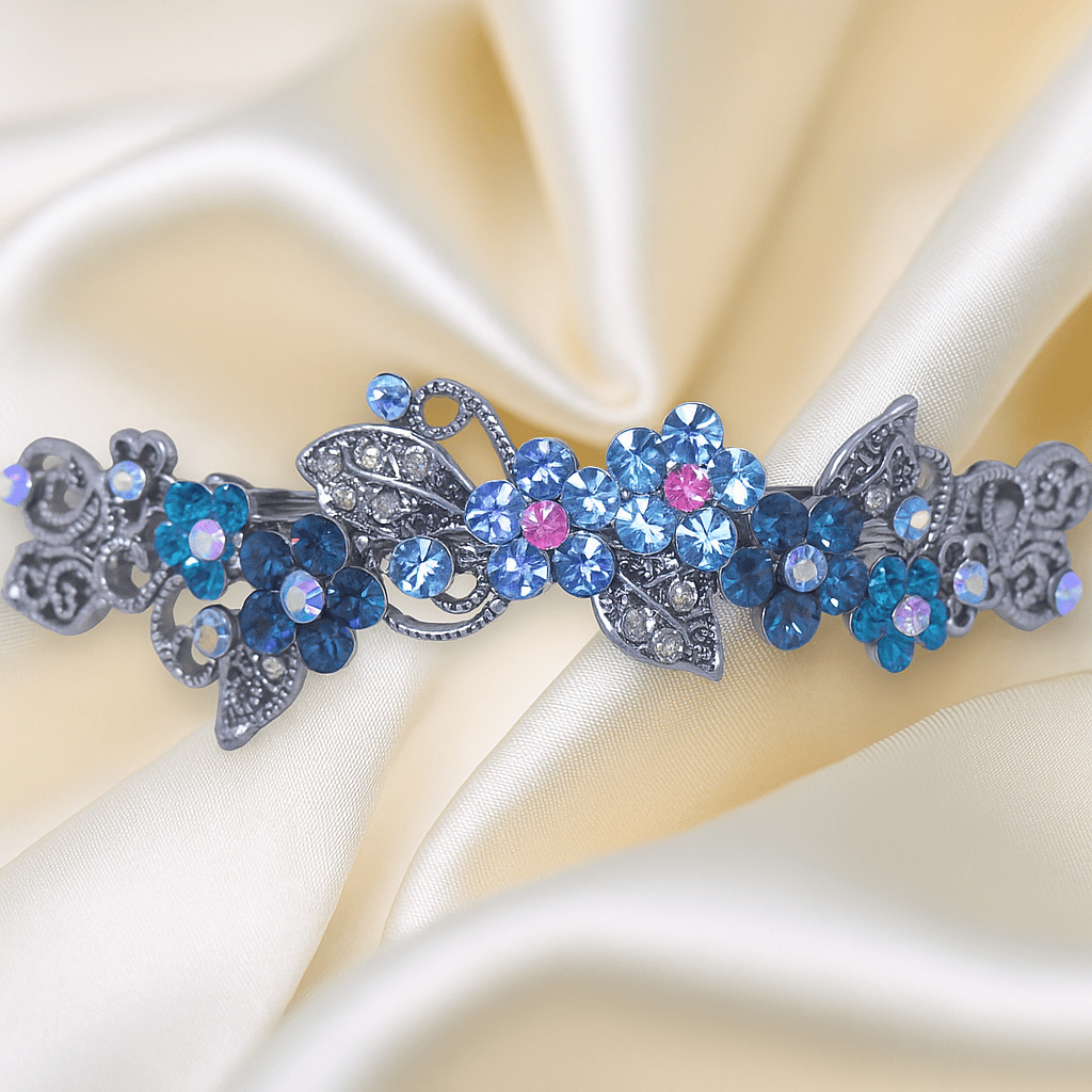: Haerime Elysia Garland Barrette in Blue – floral garland crystal barrette on ivory silk with scrollwork and shimmer details