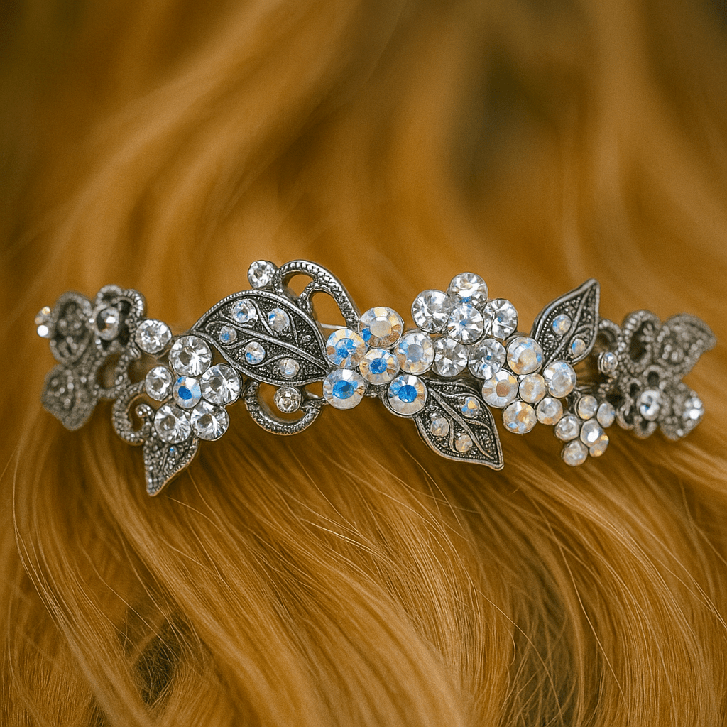 : Haerime Elysia Garland Barrette in Clear close-up – shimmering rhinestones and vintage petal scroll design