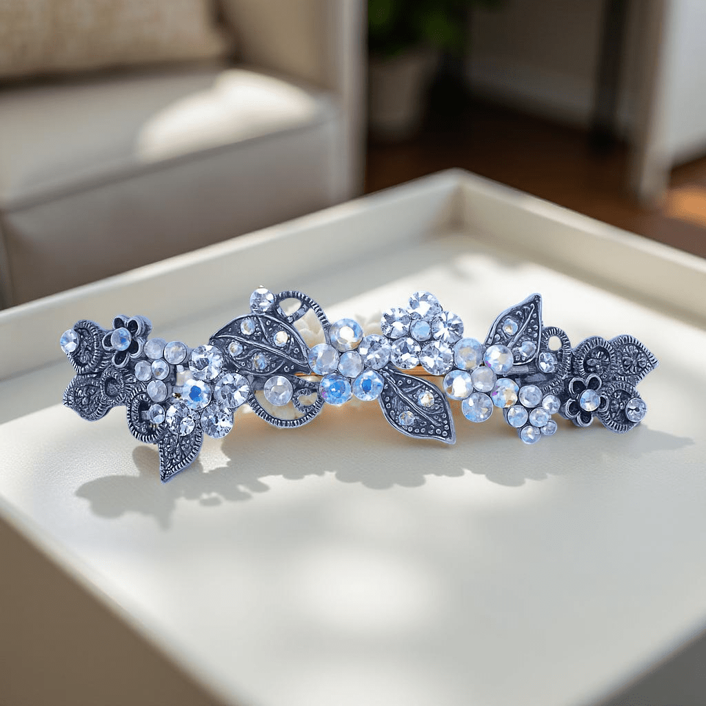: Clear version of Haerime Elysia Garland – silver-tone crystal garland barrette with hand-set filigree flowers