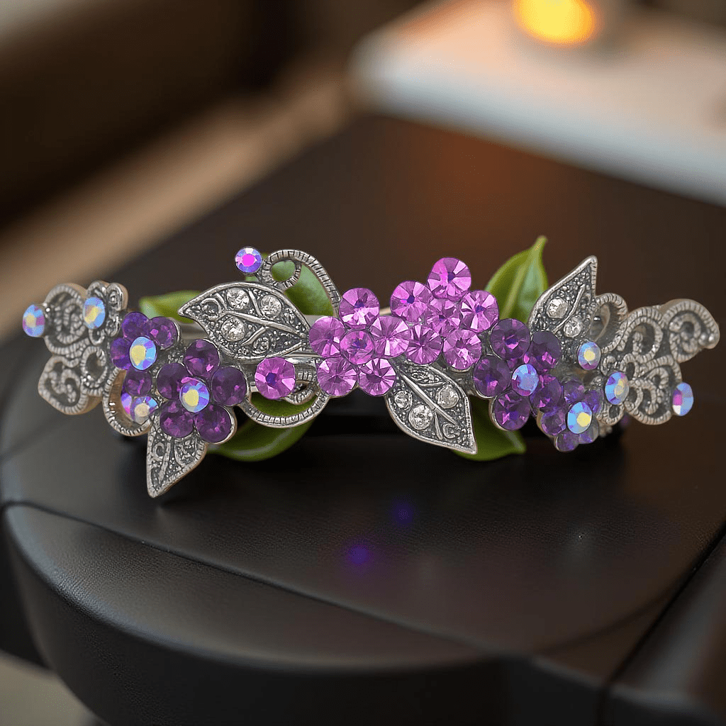 Haerime Elysia Garland Barrette in Pink close-up – baroque floral cluster with pink pavé crystals and antique filigree frame