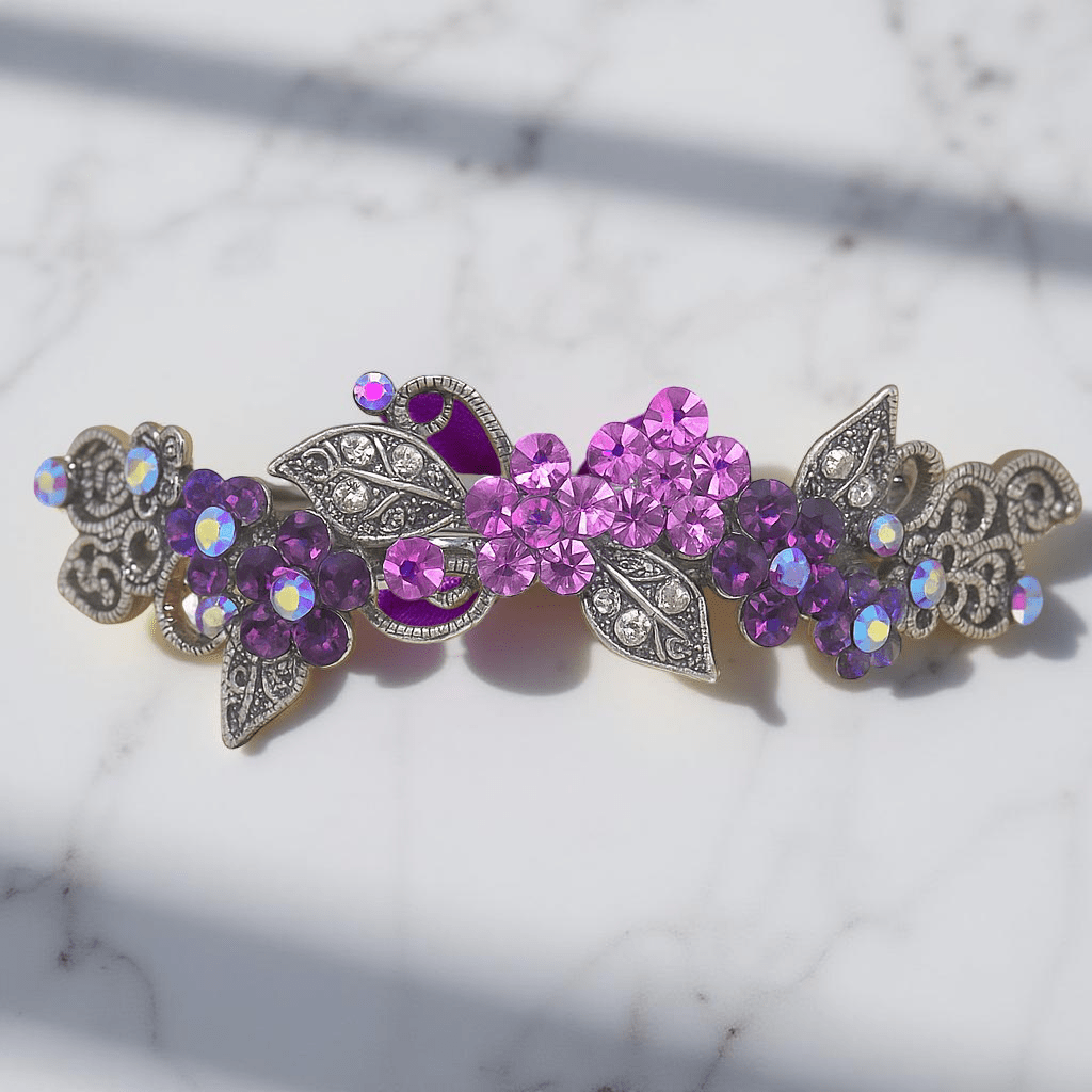 Pink version of Haerime Elysia Garland – romantic baroque floral clip with crystal blossoms and scrollwork leaves