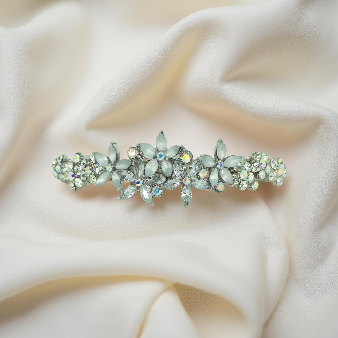 Clear version of Haerime FleurVerre Cascade – classic bridal-style floral crystal hair barrette