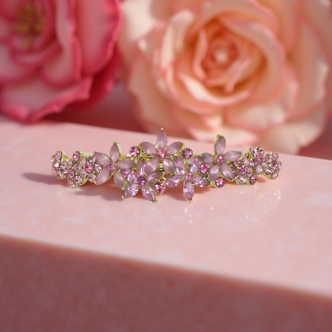 Haerime FleurVerre Cascade Barrette in Pink close-up – layered crystal flowers with vintage silver structure