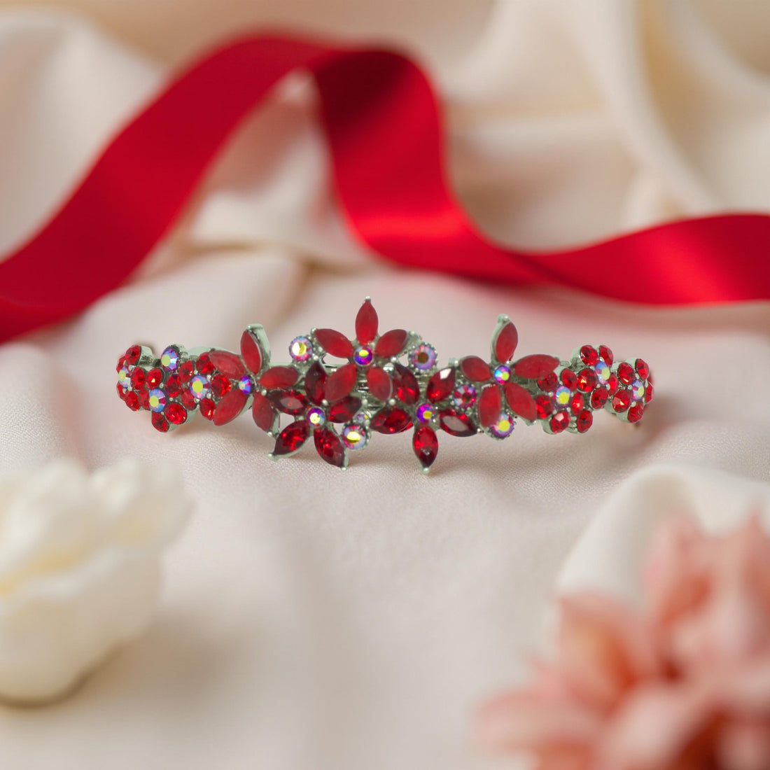 Red version of Haerime FleurVerre Cascade – dramatic floral silhouette with ruby-tone sparkle