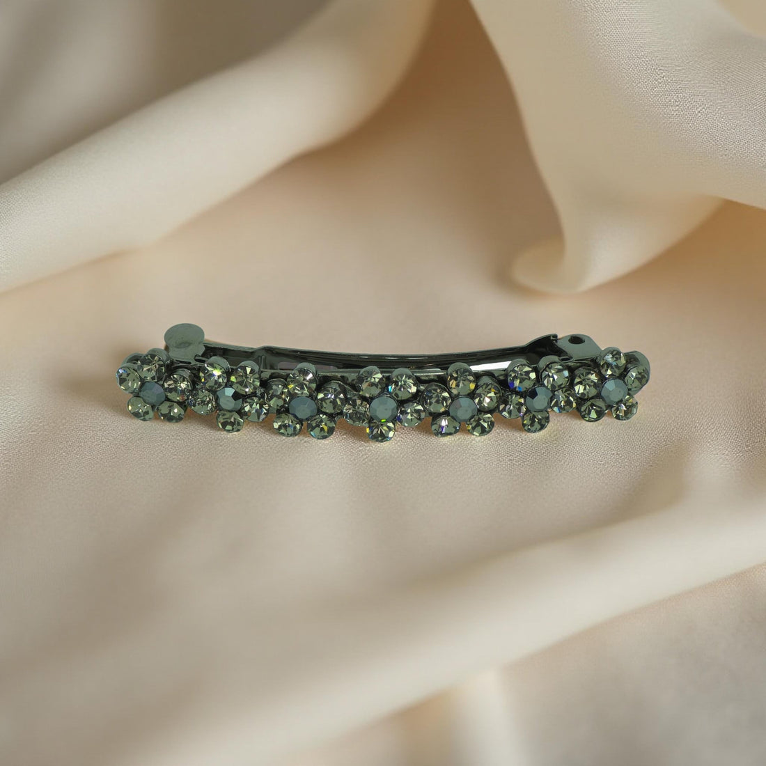 : Black version of Haerime FloraDot Row – mini barrette with midnight crystal flowers and dark antique setting