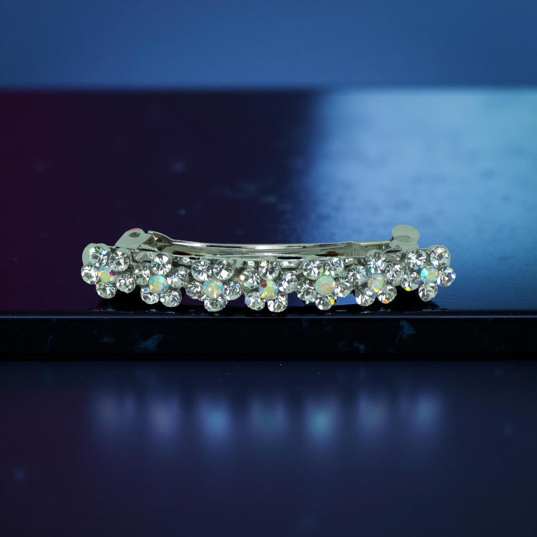 Haerime FloraDot Row Barrette in Clear close-up – classic pavé sparkle and hand-set florals