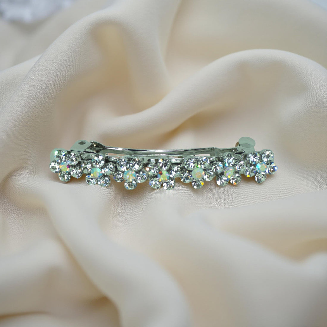 Clear version of Haerime FloraDot Row – bridal-inspired mini floral barrette with crystal petals