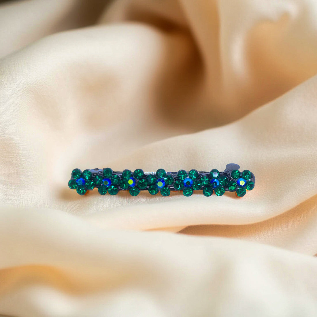 Haerime FloraDot Row Barrette in Green close-up – layered floral crystals with antique silver finish