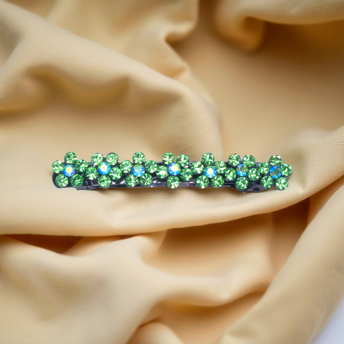 Peridot version of Haerime FloraDot Row – lime green floral barrette with polished silver base