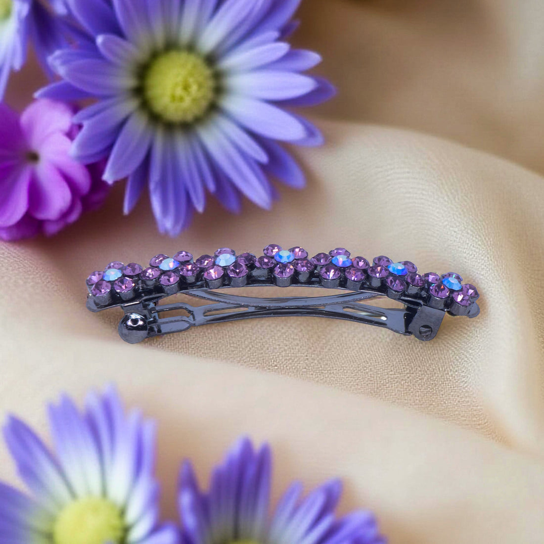 Side view of Haerime FloraDot Row Barrette in Purple – slim crystal floral arc with gloss silver finish