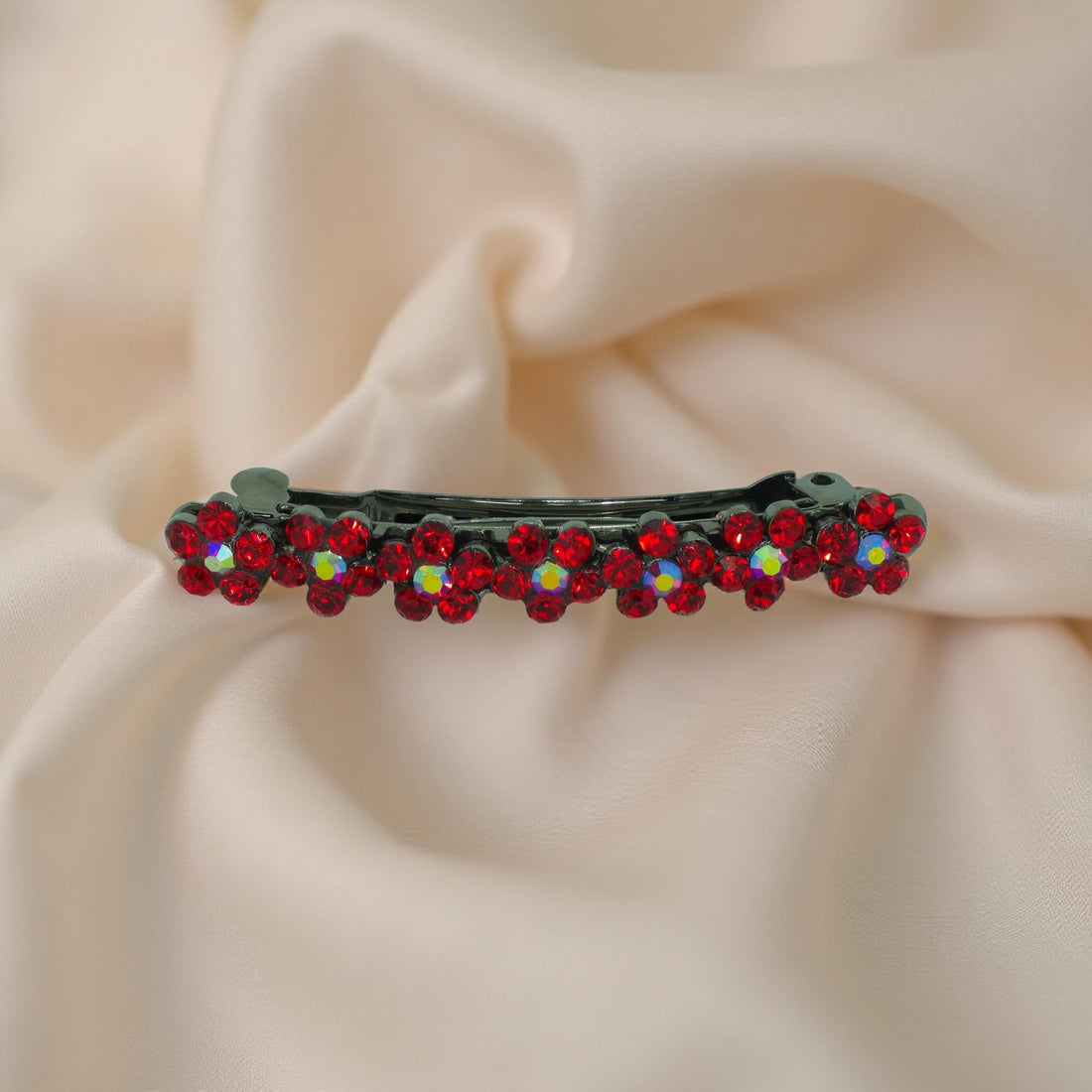 Red version of Haerime FloraDot Row – bold ruby mini barrette with crystal flower row