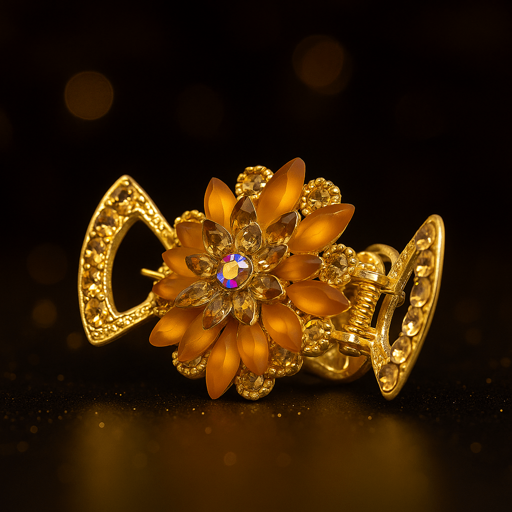 Haerime Floréa Blossom Claw in Amber close-up – faceted marquise-cut crystals, layered bloom structure, and open-arch claw frame