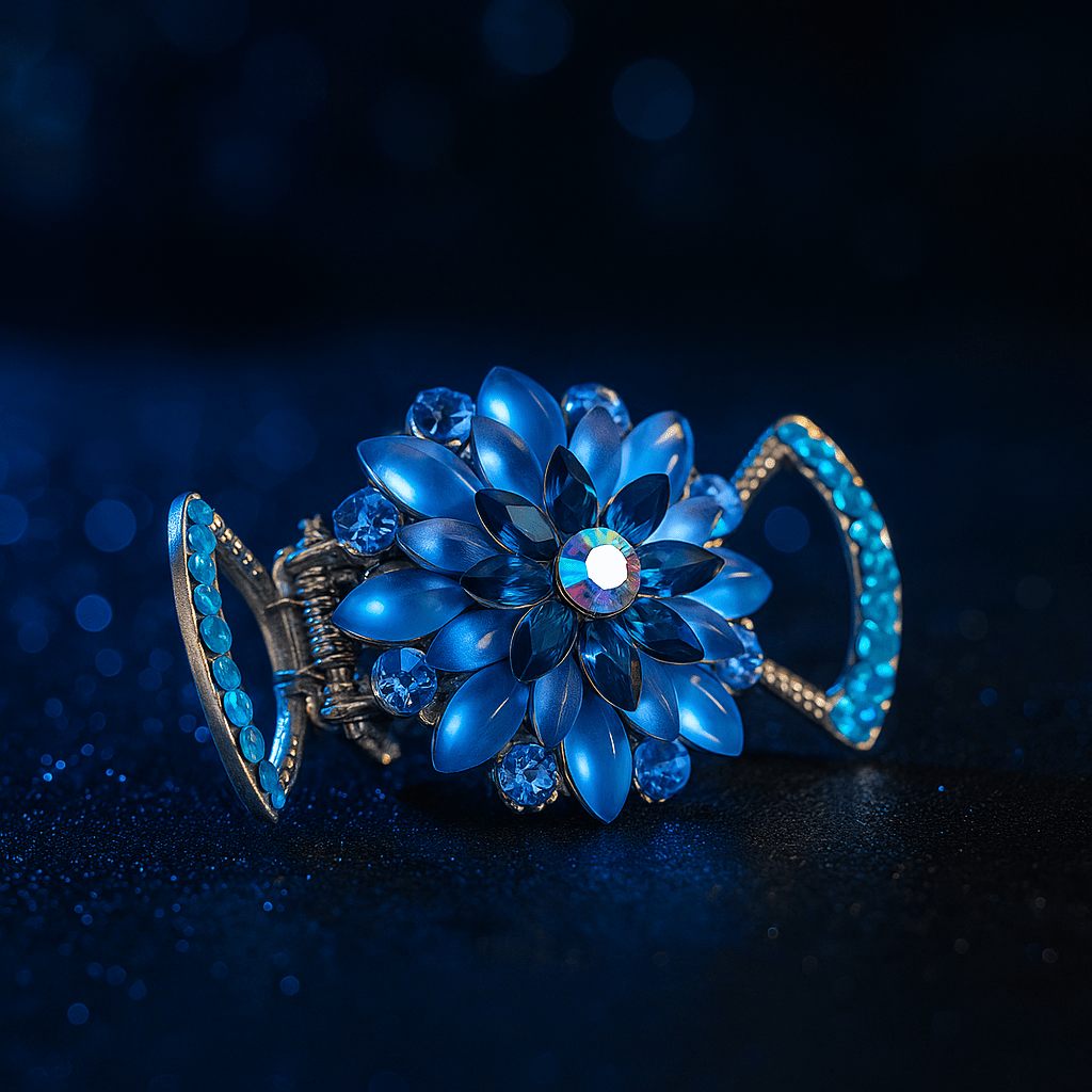 Haerime Floréa Blossom Claw in Blue close-up – faceted marquise-cut crystals, layered bloom structure, and open-arch claw frame