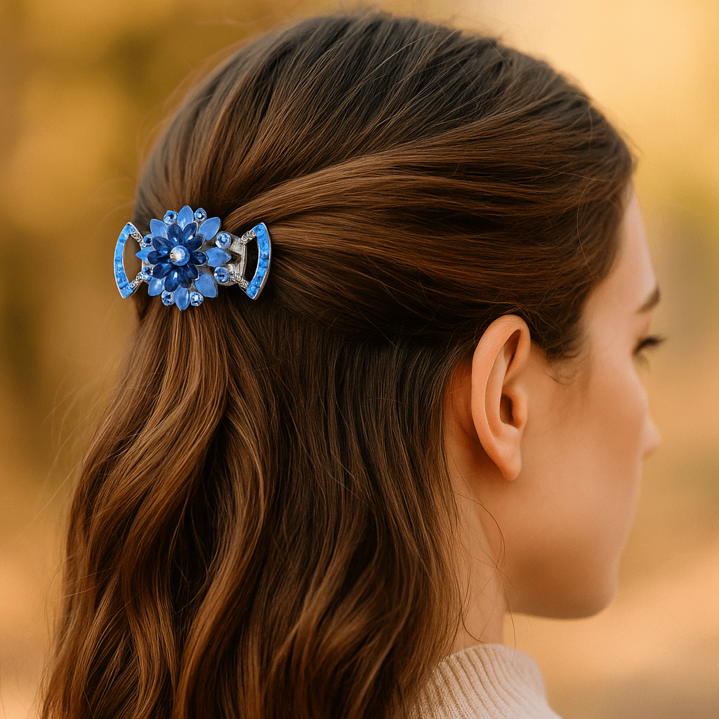 Haerime Floréa Blossom Claw in Blue worn by model – styled for wedding glam or polished garden events