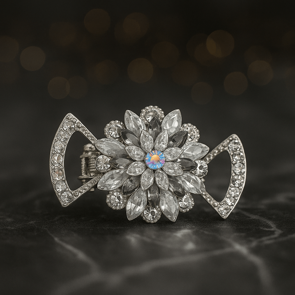 Clear version of Haerime Floréa Blossom Claw – sculpted floral jaw clip with crystal-framed wings