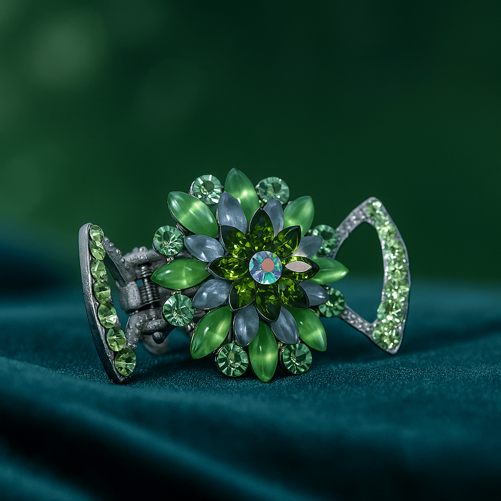 Haerime Floréa Blossom Claw in Green close-up – faceted marquise-cut crystals, layered bloom structure, and open-arch claw frame